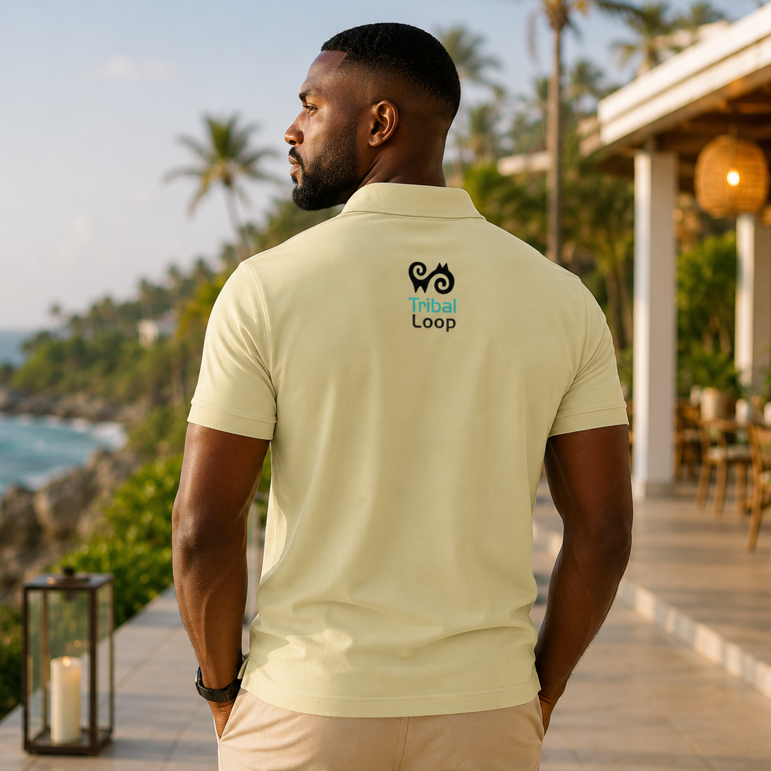 Man wearing a light brown polo shirt with an adinkra inspired tribal loop logo, revealing back of shirt and standing outdoors with scenic background