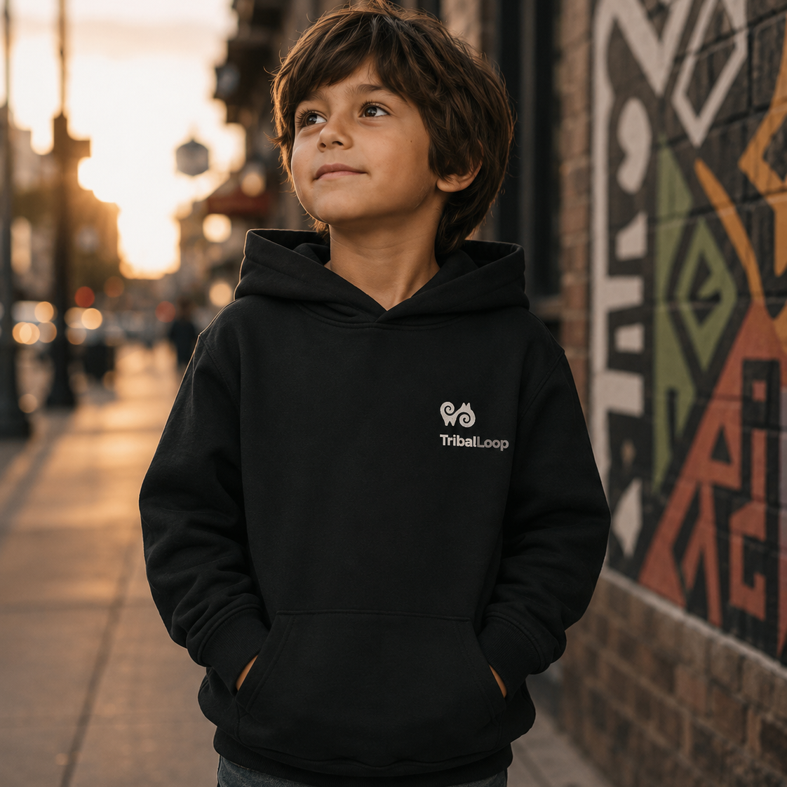 Child wearing a black hoodie with a tribal loop logo, standing on a street with graffiti in the background