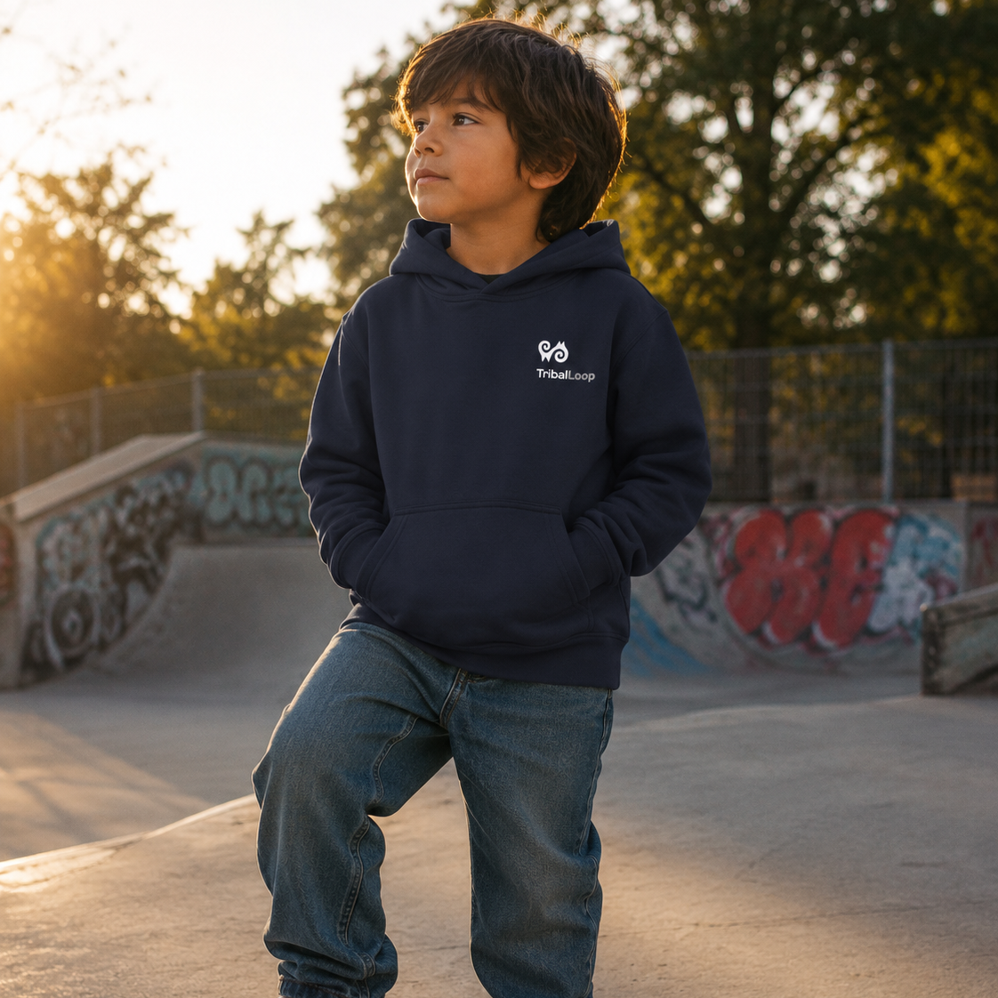 Child in a navy hoodie with a tribal loop logo at a skate park during sunset.