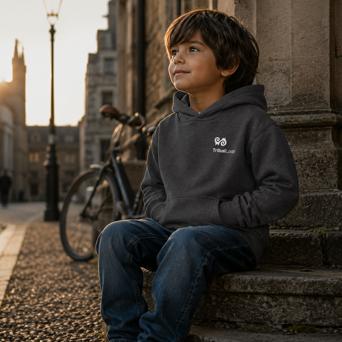 Child wearing a dark grey tribal loop hoodie sitting on steps with a bicycle in the background