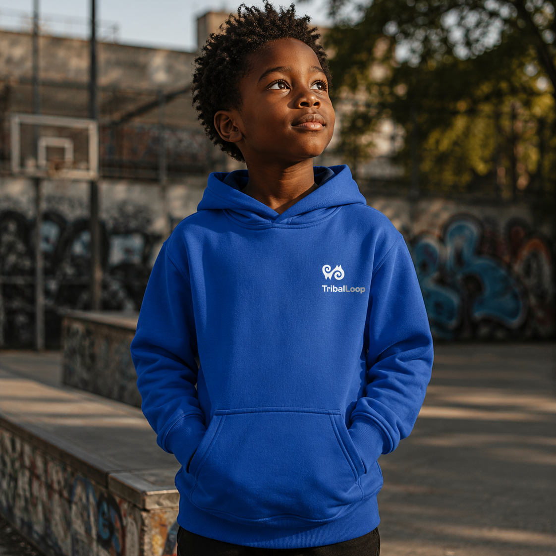 Child wearing a blue hoodie with a  tribal loop logo, standing in an outdoor setting with graffiti.