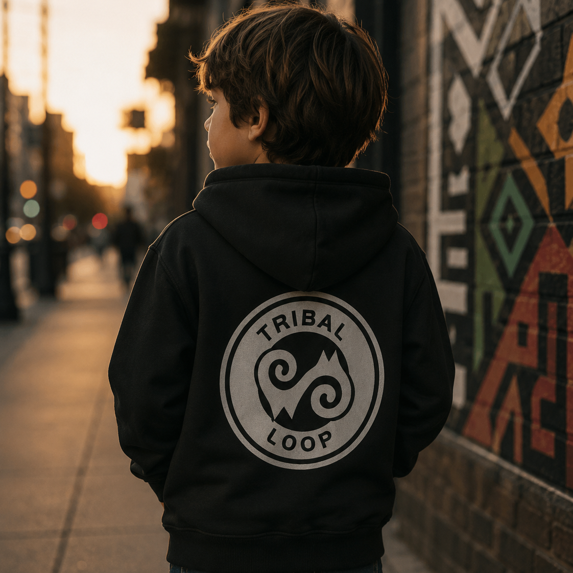 Child wearing a black hoodie with 'Tribal Loop' logo, standing and showing the back of the shirt - on a street with a mural in the background.