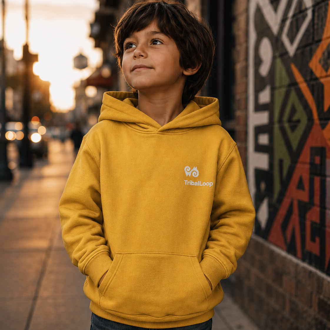 Child wearing a golden hoodie with a tribal loop logo, standing on a street with graffiti in the background.