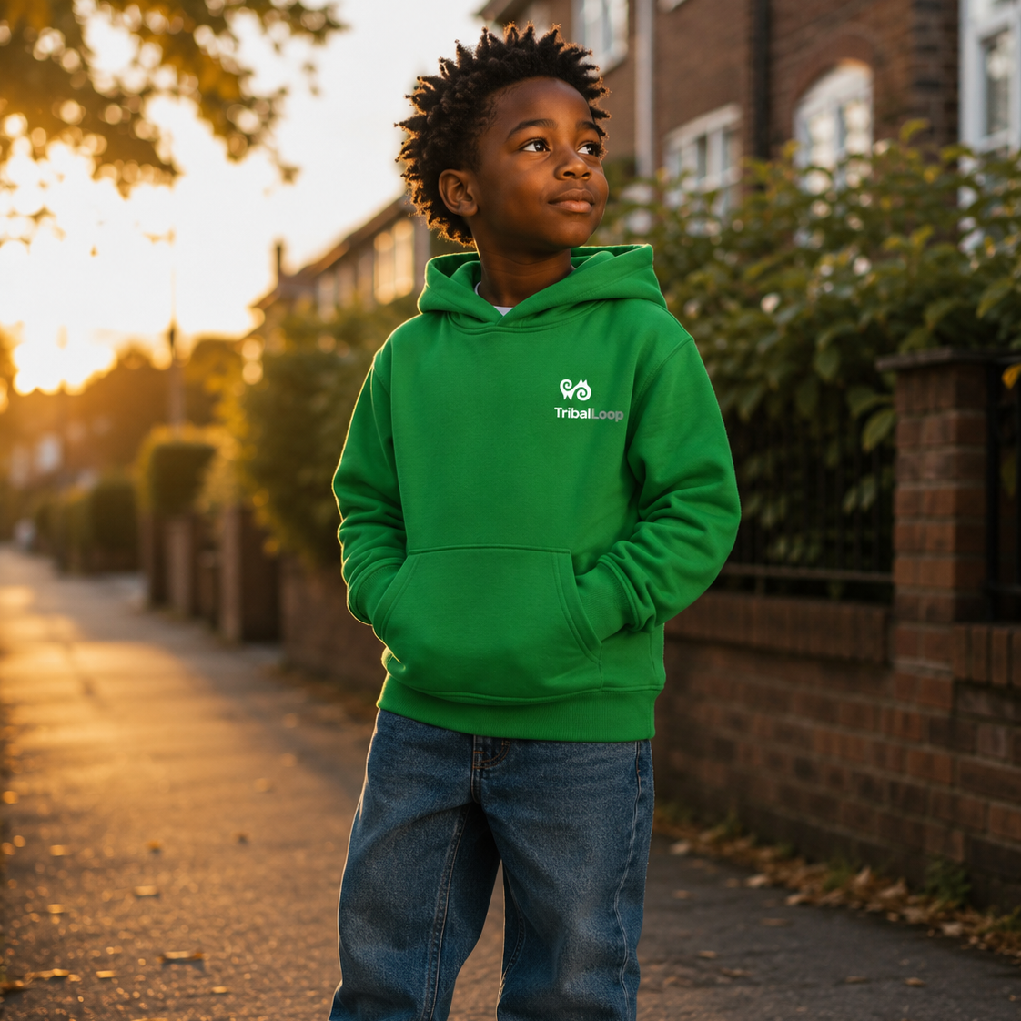 Child wearing a green hoodie with a  Tribal Loop logo, standing on a sidewalk during sunset.