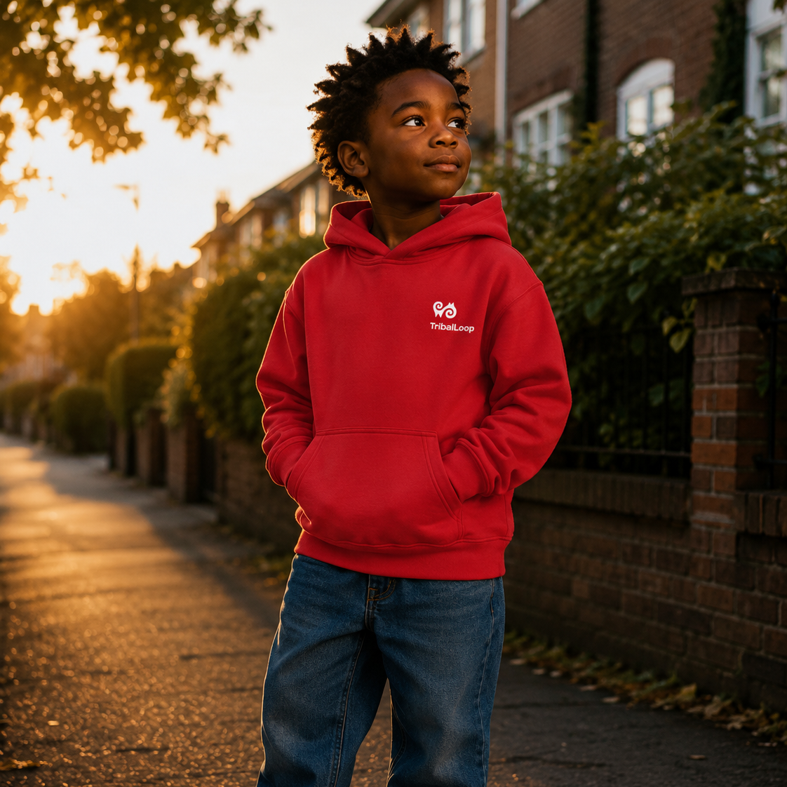 Child wearing a red hoodie with a tribal loop logo, standing on a residential street at sunset.