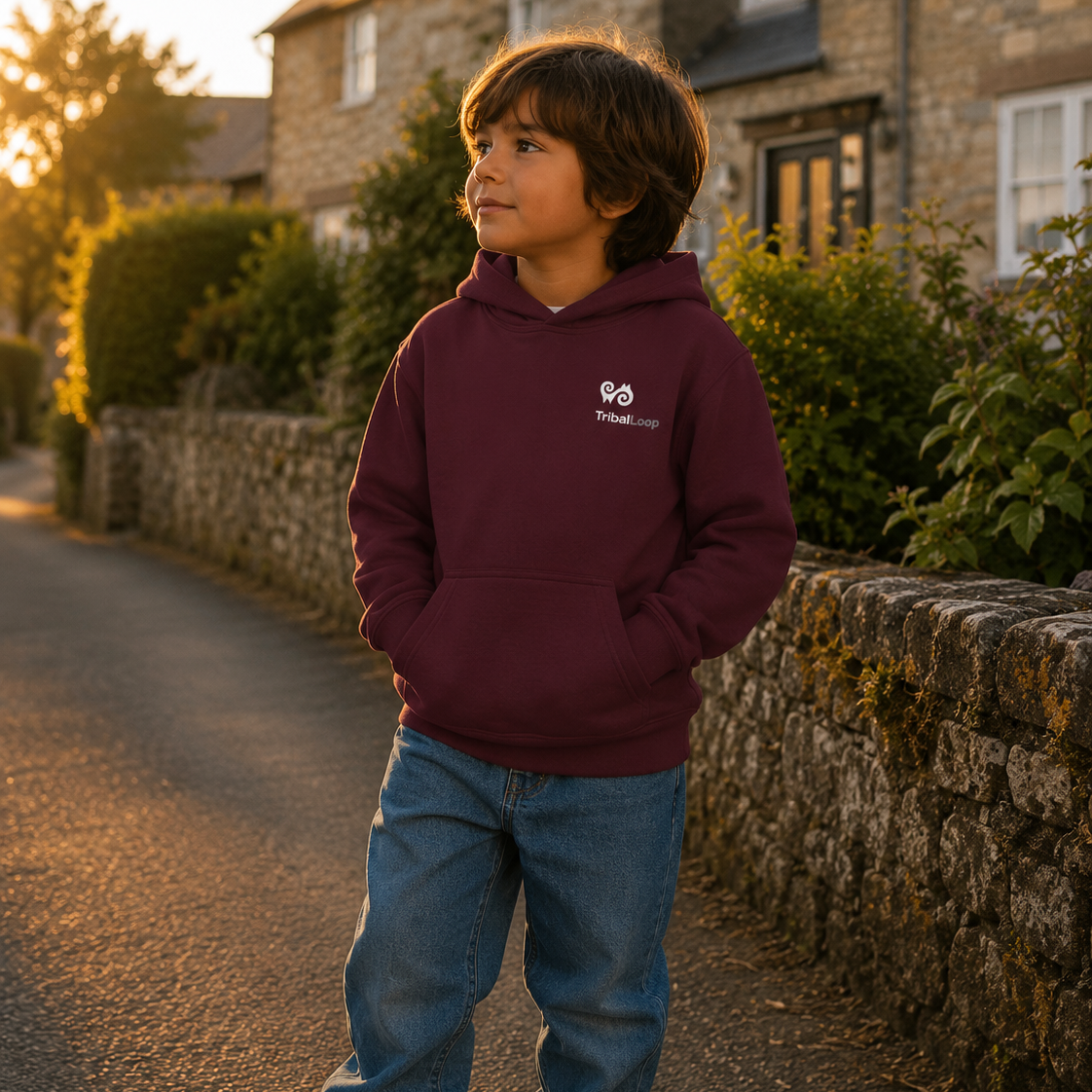 Child wearing a maroon hoodie with a tribal loop logo, standing on a street in a residential area.