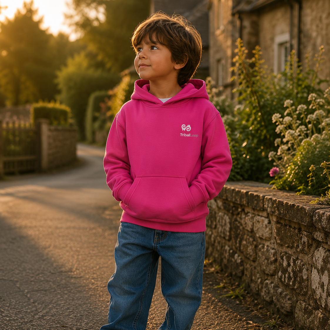 Child wearing a pink hoodie with a tribal loop logo, standing on a path with greenery and a building in the background.