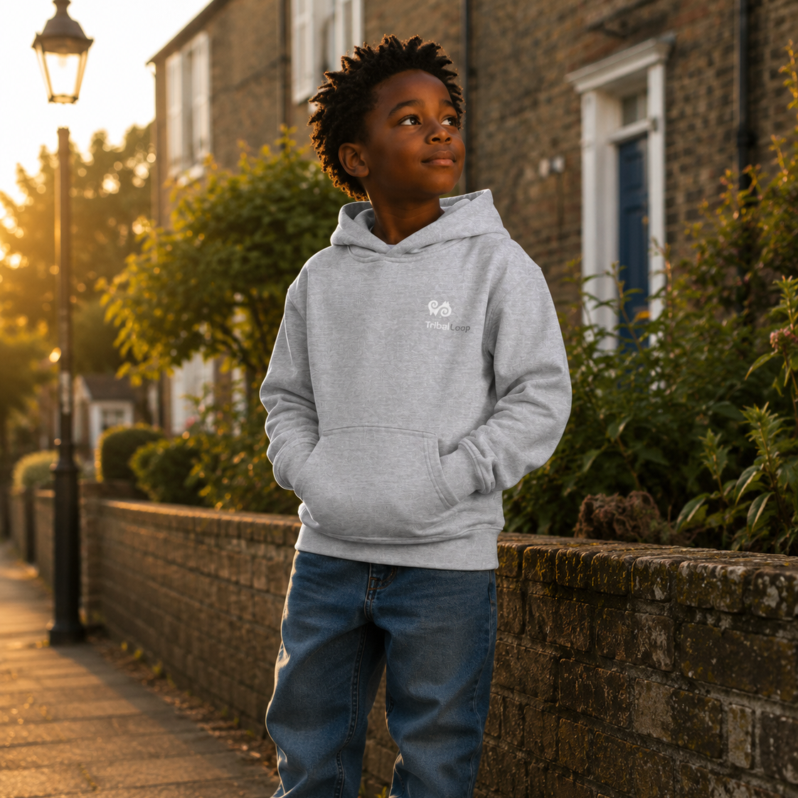 Child wearing a gray hoodie and blue jeans standing on a sidewalk with a lamp post and house in the background.