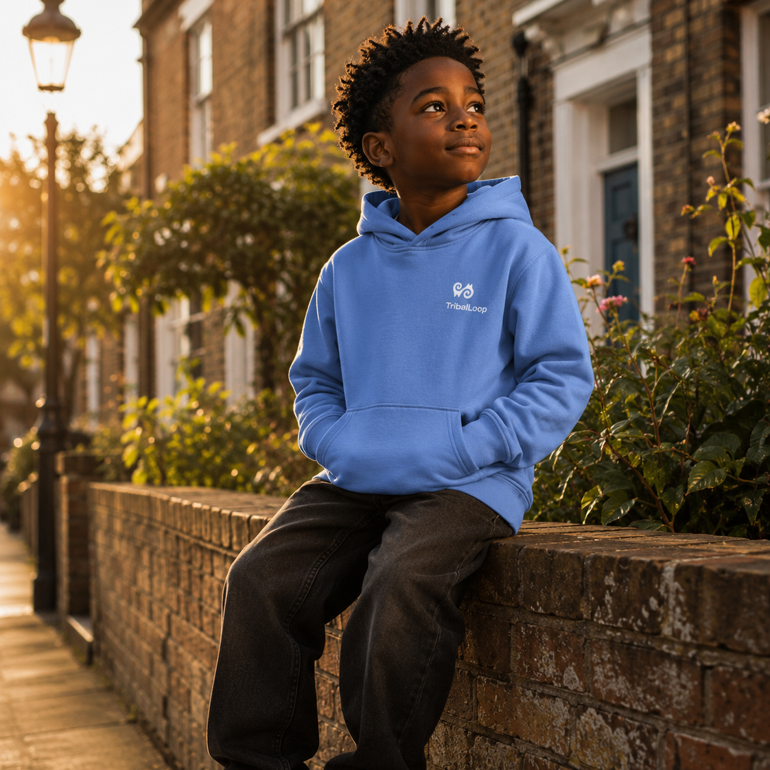 Child wearing a blue hoodie sitting on a brick wall outdoors.
