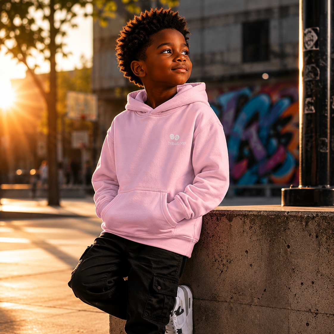 Child wearing a light pink hoodie leaning against a wall on a street with graffiti in the background.
