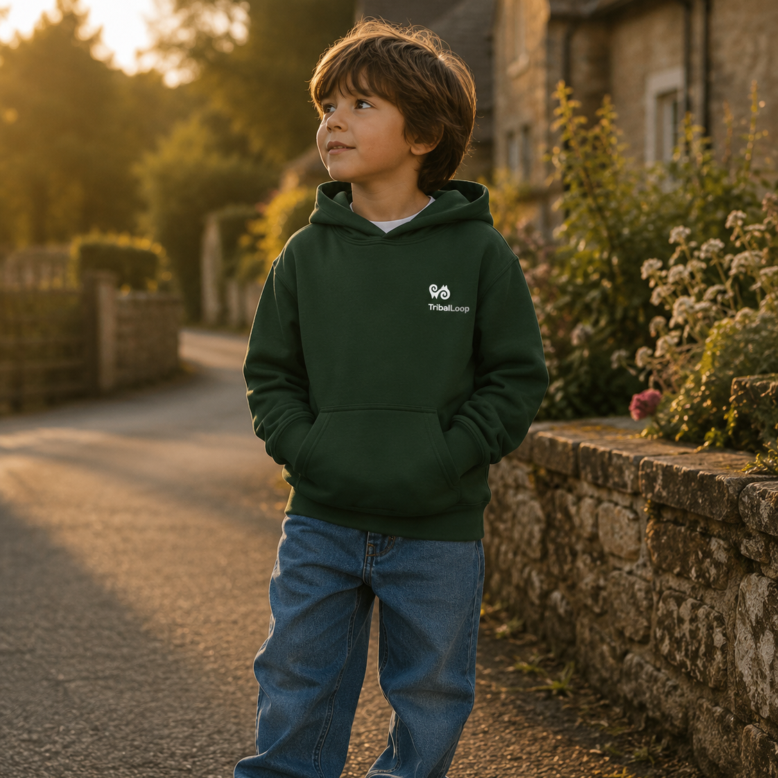 Child wearing a forest green hoodie with a tribal Loop logo, standing on a path with a stone building and plants in the background.