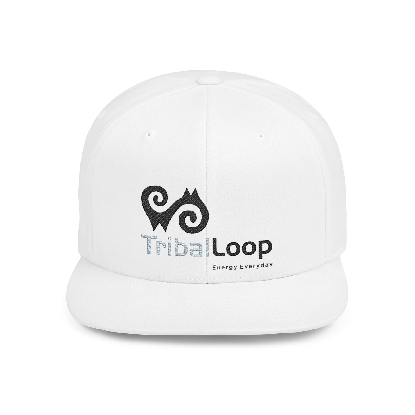 TribalLoop Flat Bill Snapback Hat — White Embroidered Logo Cap