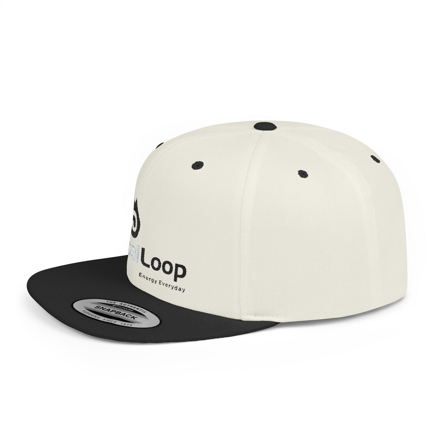TribalLoop Flat Bill Snapback Hat — White Embroidered Logo Cap