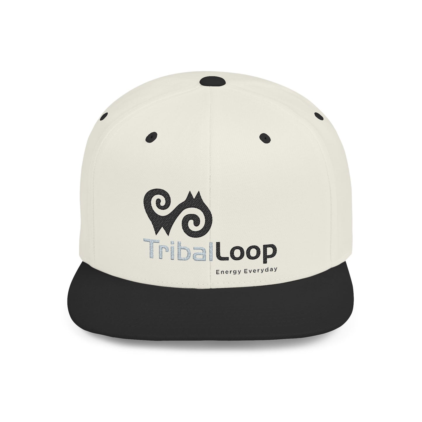 TribalLoop Flat Bill Snapback Hat — White Embroidered Logo Cap