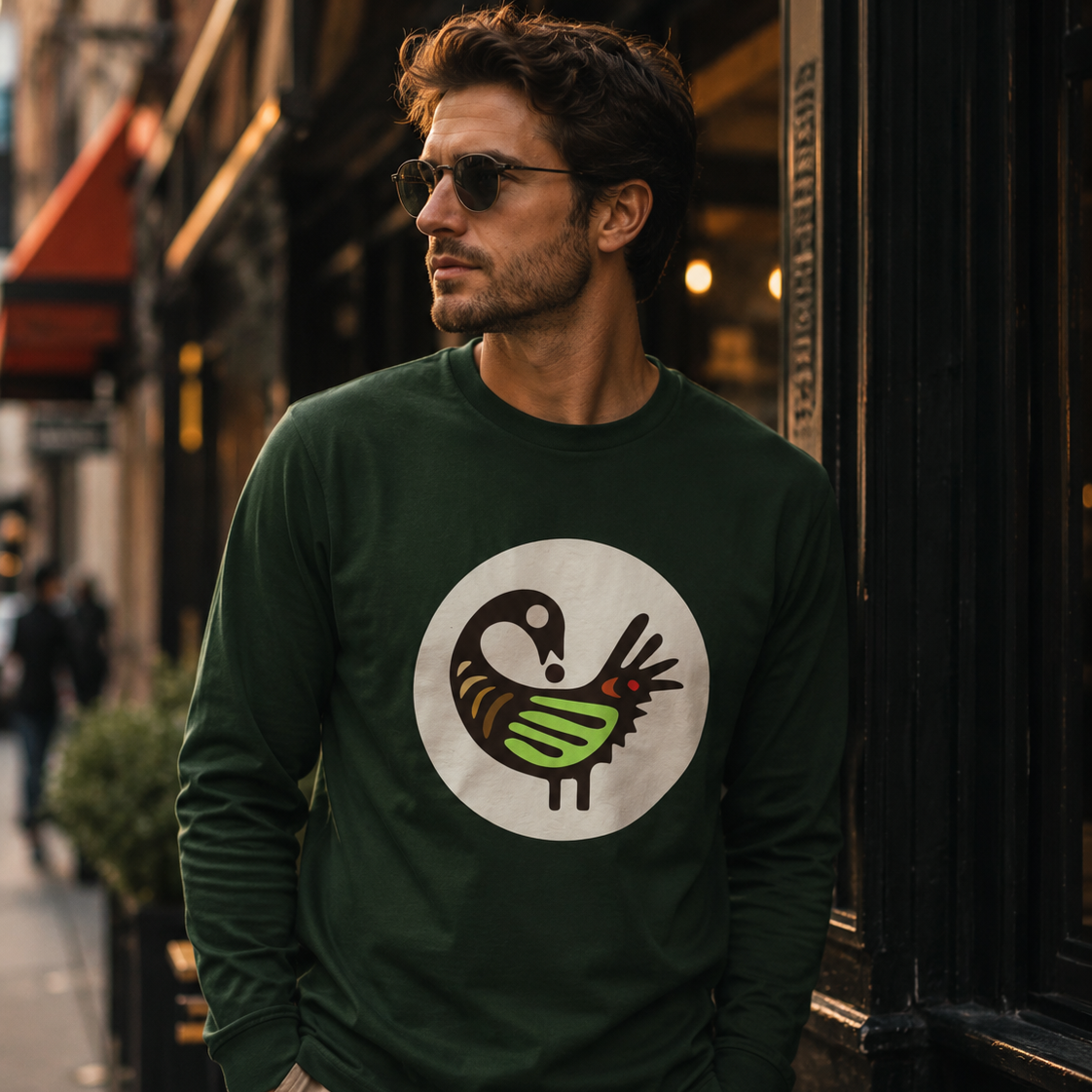 Long Sleeve Tee — (White) The Adinkra Retro Folk Bird symbol -Akoko Nan -Meaning the "leg of a hen"