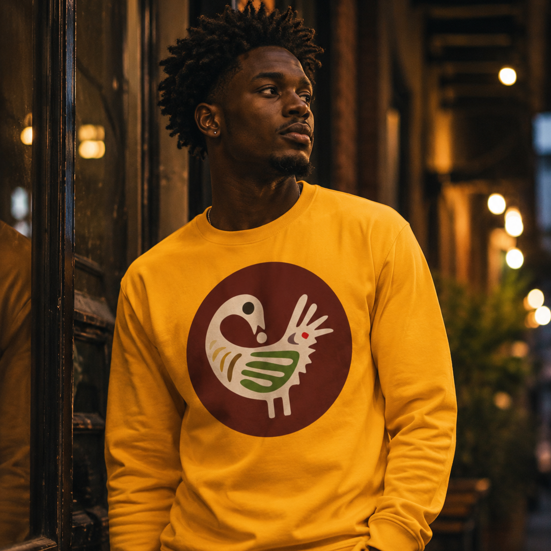 Man wearing a yellow sweatshirt with a adinkra symbol in an urban setting