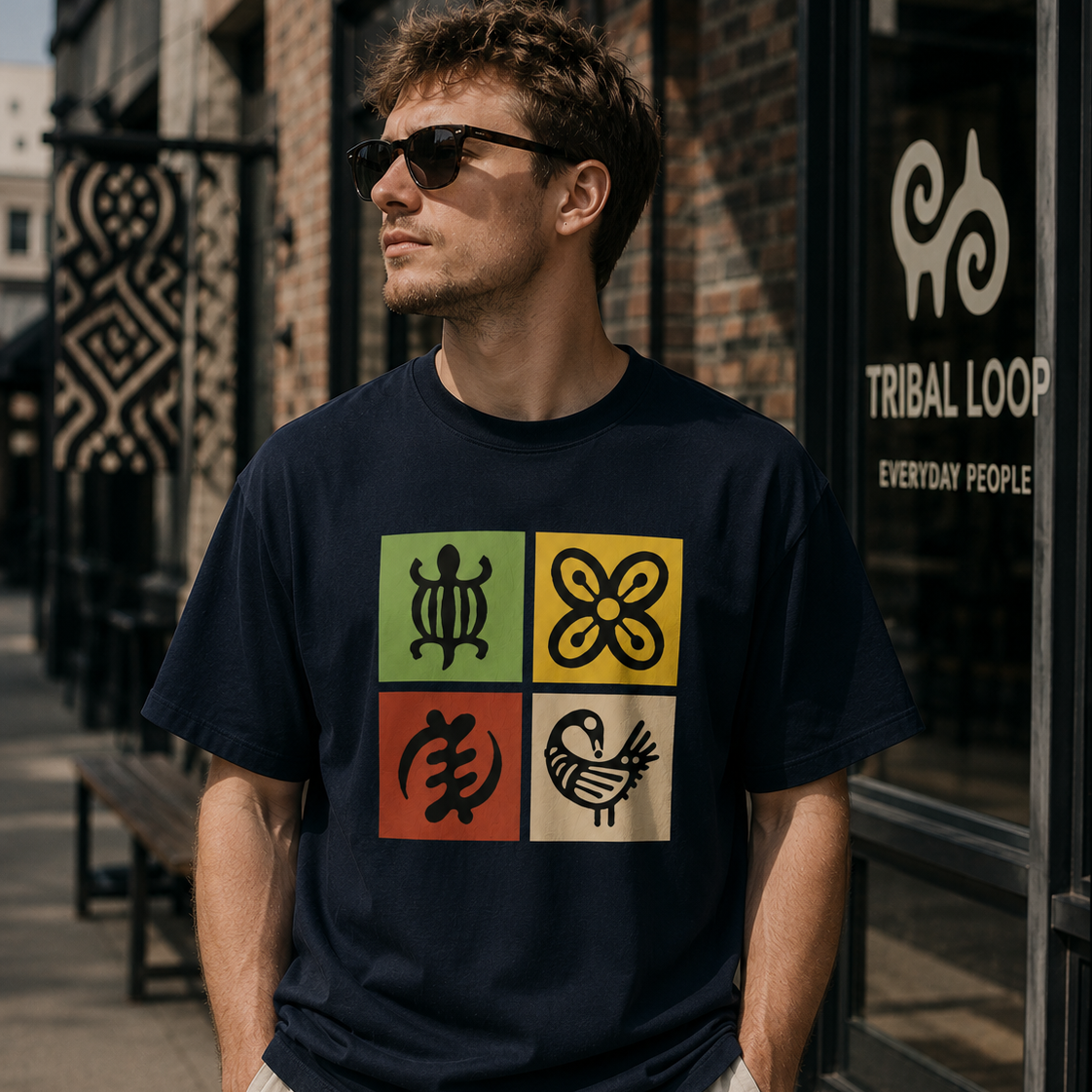 Man wearing a black t-shirt with colorful symbols standing in front of a building with 'Tribal Loop' branding.