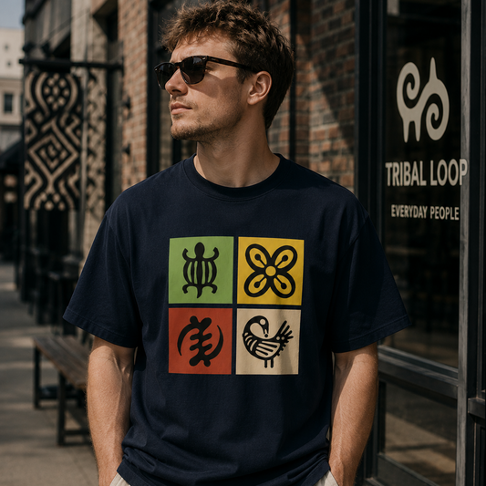 Man wearing a black t-shirt with colorful symbols standing in front of a building with 'Tribal Loop' branding.